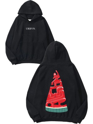 Urbvn Palestine Yazı Tasarım Baskılı Oversize Siyah Kapüşonlu Sweatshirt