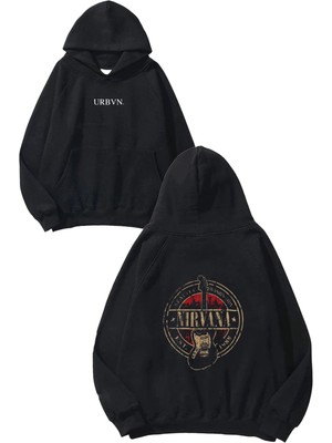 Urbvn Nirvana Guitar Tasarım Baskılı Oversize Siyah Kapüşonlu Sweatshirt