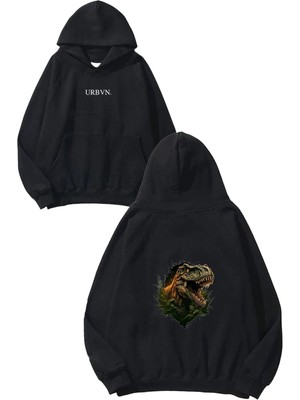 Urbvn Yeşil Dinazor Tasarım Baskılı Oversize Siyah Kapüşonlu Sweatshirt