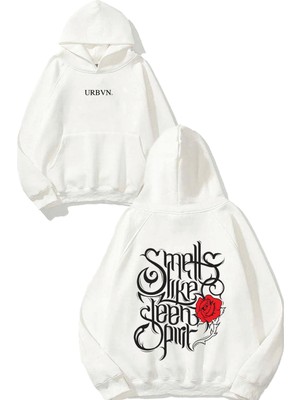 Urbvn Smells Like Tasarım Baskılı Oversize Beyaz Kapüşonlu Sweatshirt