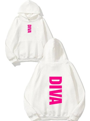 Urbvn Pink Diva Tasarım Baskılı Oversize Beyaz Kapüşonlu Sweatshirt