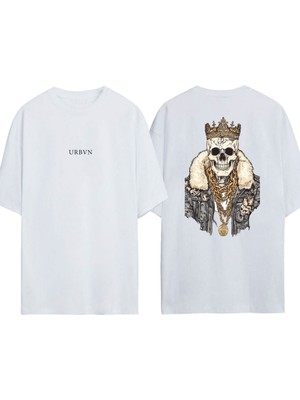Urbvn King Skull Tasarım Baskılı Beyaz Oversize T-Shirt