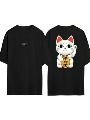 Urbvn Korean Cat Tasarım Baskılı Siyah Oversize T Shirt