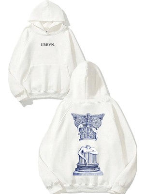 Urbvn Sütun Tasarım Baskılı Oversize Beyaz Kapüşonlu Sweatshirt