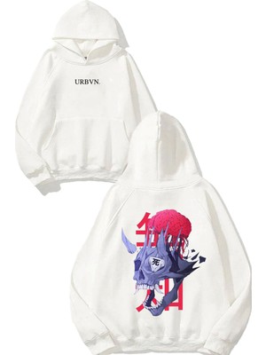 Urbvn Brain Monster Tasarım Baskılı Oversize Beyaz Kapüşonlu Sweatshirt