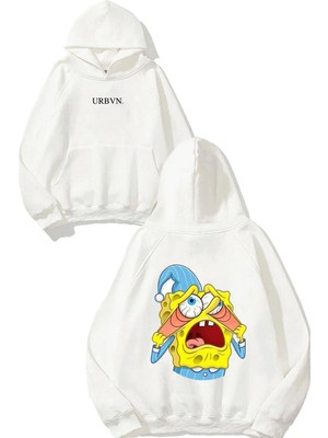 Urbvn Sleepy Spongebob Tasarım Baskılı Oversize Beyaz Kapüşonlu Sweatshirt