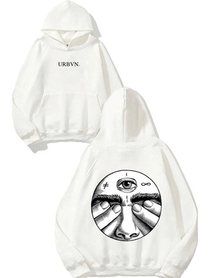 Urbvn Siyah Beyaz Göz Tasarım Baskılı Oversize Beyaz Kapüşonlu Sweatshirt