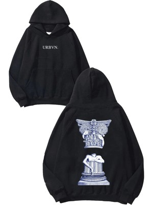 Urbvn Sütun Tasarım Baskılı Oversize Siyah Kapüşonlu Sweatshirt