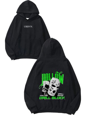Urbvn Drill Block Tasarım Baskılı Oversize Siyah Kapüşonlu Sweatshirt