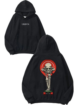 Urbvn Kaykay Kurukafa Tasarım Baskılı Oversize Siyah Kapüşonlu Sweatshirt