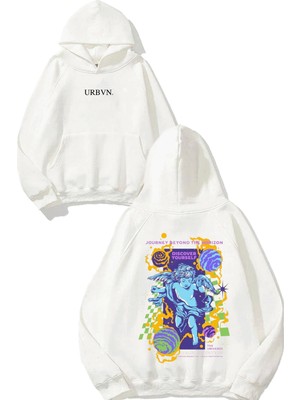 Urbvn The Universe Tasarım Baskılı Oversize Beyaz Kapüşonlu Sweatshirt