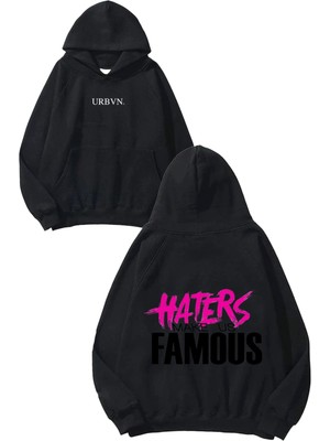 Urbvn Haters Famous Tasarım Baskılı Oversize Siyah Kapüşonlu Sweatshirt