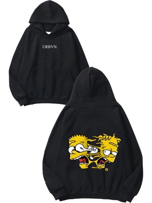 Urbvn Simpson Faces Tasarım Baskılı Oversize Siyah Kapüşonlu Sweatshirt