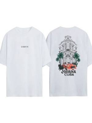 Urbvn Havana Cuba Tasarım Baskılı Beyaz Oversize T-Shirt
