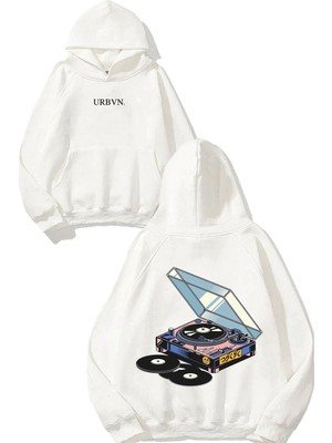 Urbvn Plak Tasarım Baskılı Oversize Beyaz Kapüşonlu Sweatshirt