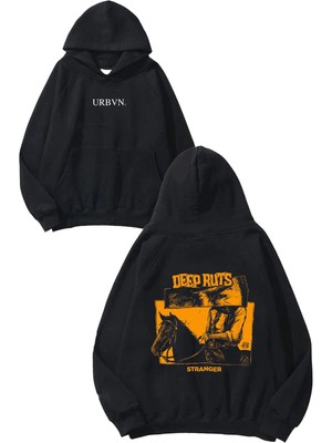 Urbvn Deep Ruts Tasarım Baskılı Oversize Siyah Kapüşonlu Sweatshirt