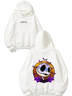 Urbvn Tim Burton Tasarım Baskılı Oversize Beyaz Kapüşonlu Sweatshirt