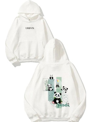 Urbvn Pandas Tasarım Baskılı Oversize Beyaz Kapüşonlu Sweatshirt