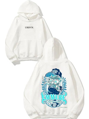 Urbvn Sound Wave Tasarım Baskılı Oversize Beyaz Kapüşonlu Sweatshirt
