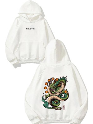 Urbvn Green Dragon Tasarım Baskılı Oversize Beyaz Kapüşonlu Sweatshirt