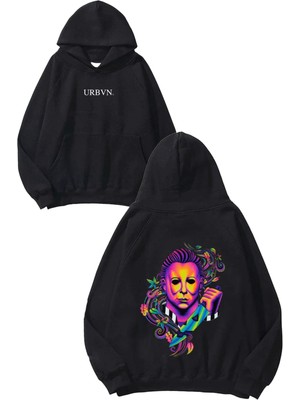 Urbvn Halloween Scary Tasarım Baskılı Oversize Siyah Kapüşonlu Sweatshirt