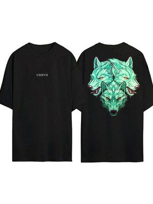 Urbvn Wolfs Tasarım Baskılı Siyah Oversize T Shirt