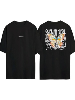Urbvn Butterfly 6 Tasarım Baskılı Siyah Oversize T Shirt