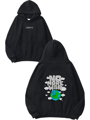 Urbvn No More War Tasarım Baskılı Oversize Siyah Kapüşonlu Sweatshirt