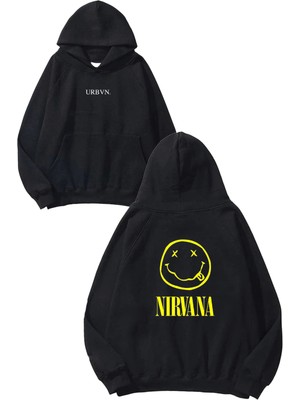 Urbvn Nirvana 1 Tasarım Baskılı Oversize Siyah Kapüşonlu Sweatshirt