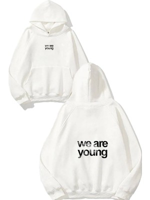 Urbvn We Are Young Tasarım Baskılı Oversize Beyaz Kapüşonlu Sweatshirt