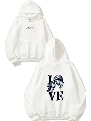 Urbvn Love Heykel Tasarım Baskılı Oversize Beyaz Kapüşonlu Sweatshirt