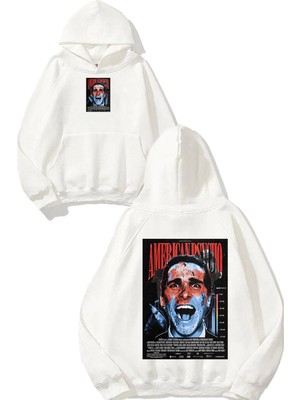 Urbvn American Psycho Tasarım Baskılı Oversize Beyaz Kapüşonlu Sweatshirt