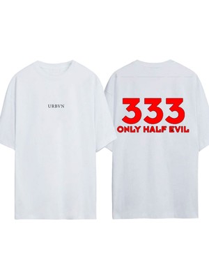 Urbvn Only Half Evil Tasarım Baskılı Beyaz Oversize T-Shirt