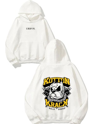 Urbvn Kotton Krack Tasarım Baskılı Oversize Beyaz Kapüşonlu Sweatshirt