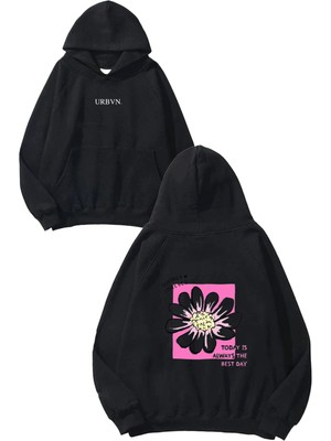 Urbvn Best Day Tasarım Baskılı Oversize Siyah Kapüşonlu Sweatshirt