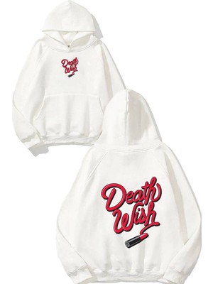 Urbvn Death Wish Tasarım Baskılı Oversize Beyaz Kapüşonlu Sweatshirt