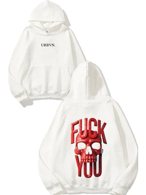 Urbvn Fck You Skull Tasarım Baskılı Oversize Beyaz Kapüşonlu Sweatshirt