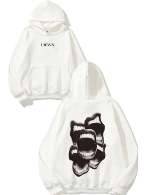 Urbvn Mouth Tasarım Baskılı Oversize Beyaz Kapüşonlu Sweatshirt