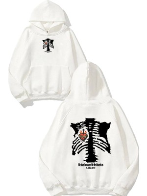 Urbvn Loved Us Tasarım Baskılı Oversize Beyaz Kapüşonlu Sweatshirt