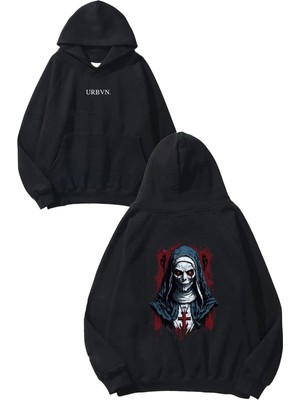 Urbvn Virgin Tasarım Baskılı Oversize Siyah Kapüşonlu Sweatshirt