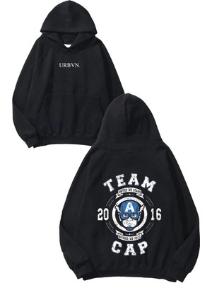 Urbvn Team Cap Tasarım Baskılı Oversize Siyah Kapüşonlu Sweatshirt