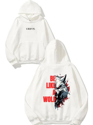 Urbvn Like Wolf Tasarım Baskılı Oversize Beyaz Kapüşonlu Sweatshirt