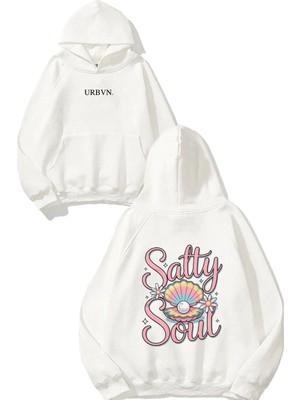 Urbvn Salty Soul Tasarım Baskılı Oversize Beyaz Kapüşonlu Sweatshirt