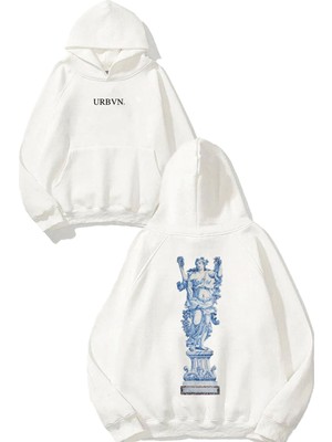 Urbvn Heykel Mavi Tasarım Baskılı Oversize Beyaz Kapüşonlu Sweatshirt