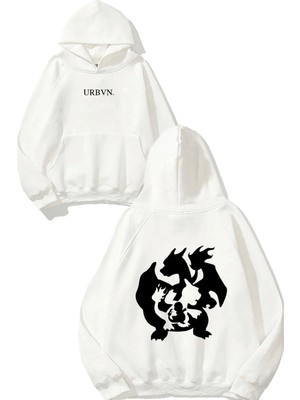 Urbvn Dragon Gölge Tasarım Baskılı Oversize Beyaz Kapüşonlu Sweatshirt