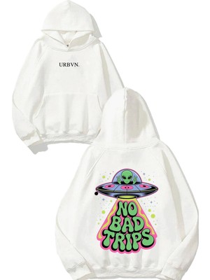 Urbvn No Bad Trips Tasarım Baskılı Oversize Beyaz Kapüşonlu Sweatshirt