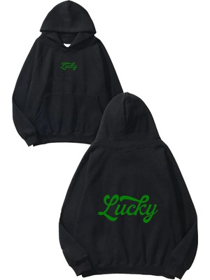 Urbvn Lucky Green Tasarım Baskılı Oversize Siyah Kapüşonlu Sweatshirt