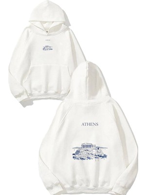 Urbvn Athens Tasarım Baskılı Oversize Beyaz Kapüşonlu Sweatshirt