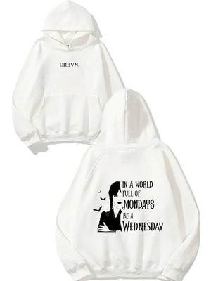 Urbvn Be Wednesday Tasarım Baskılı Oversize Beyaz Kapüşonlu Sweatshirt