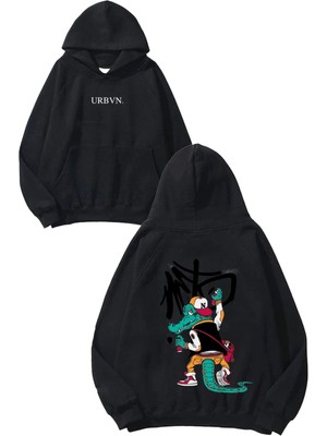 Urbvn Timsah Tasarım Baskılı Oversize Siyah Kapüşonlu Sweatshirt